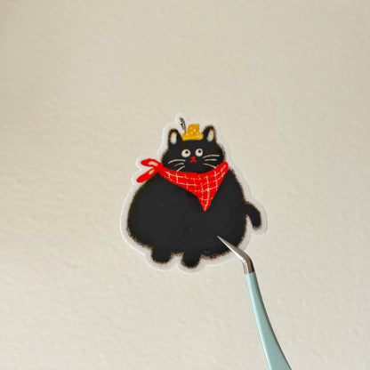 Round Black Cat With Red Scarf
